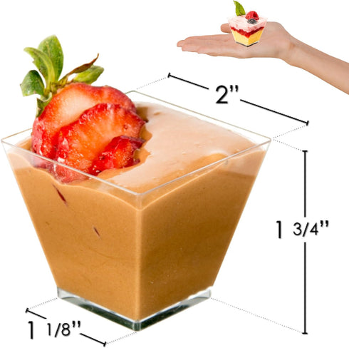 DLux 100 x 2oz Clear Plastic Mini Dessert Cups, Small Reusable Serving Bowl for Tasting Party Desserts with Recipe Ebook