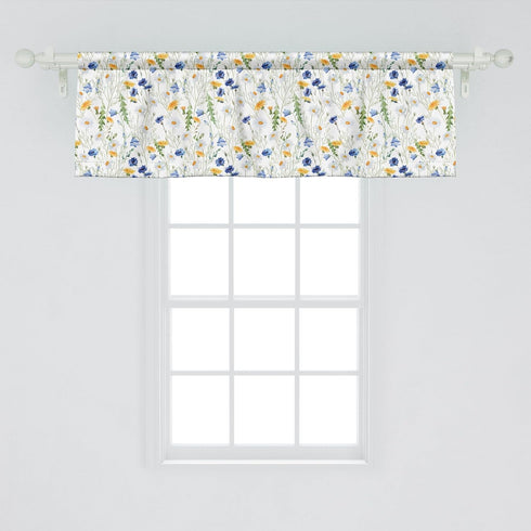 Ambesonne Flower Window Valance, Rustic Wild Flowers Poppies and Daisies Scenery, 54" X 18", Blue Yellow