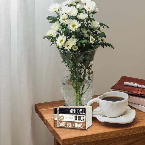Ycyfckdr (L67) Decorative Wood Book Stack for Home, Welcome to Our Beautiful Chaos, Rustic Table and Living Room