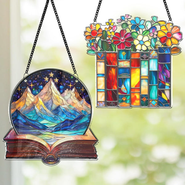 2 Book Floral Shelf Suncatchers 6" Window Hanging Acrylic Ornaments Back to