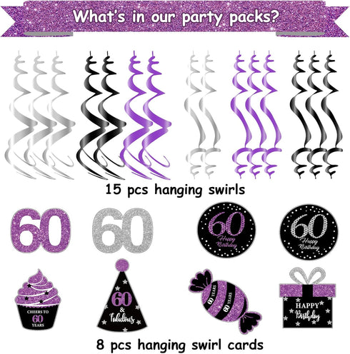 60th Birthday Decorations for Women, Purple Black Silver Hanging Swirls Ceiling for 60th Birthday Party