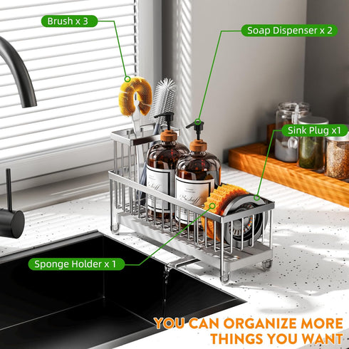 Countertop 304 10.62) Cisily Sponge Holder for Kitchen Sink, Sink Caddy Organizer with High Brush Holder, Kitchen