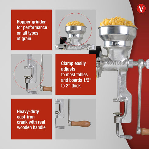Victoria Manual Low-Hopper Grain Grinder, Made in Colombia, Silver