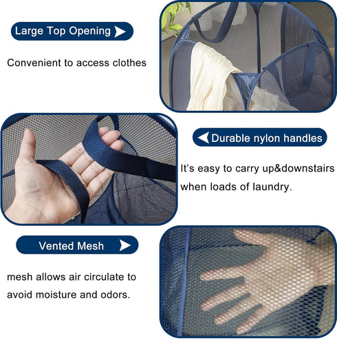 2 Pack Collapsible Pop Up Laundry Hamper, Large Capacity Mesh Laundry Basket for Apartments & Student Dorms (Beige+Blue)