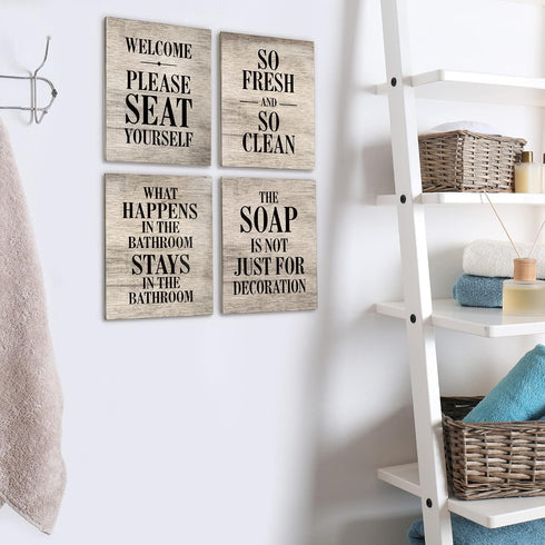 EXCELLO GLOBAL PRODUCTS Wooden Bathroom Humor Signs, Decor for Home or Business, Pack of 4