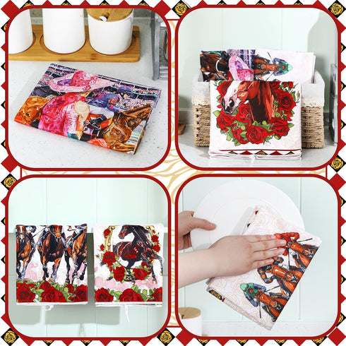 Geyoga 6 Summer 16 24 Inch Pieces Derby Kitchen Towels Horse Racing Rose Dish Hand Towel Absorbent Tea Washcloth