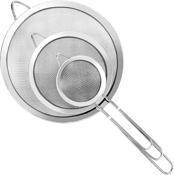 3Pcs Extra Fine Mesh Strainer Set with Handle - Small, Medium, Large Stainless Steel Sieve for Kitchen Baking