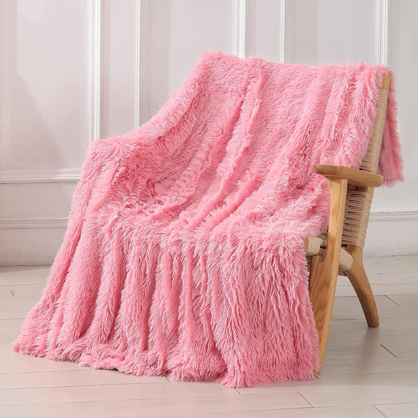Tuddrom Extra Soft Faux Fur Blanket Queen Size 80" x 90", Solid Reversible Fuzzy Long Hair Shaggy Blanket, Pink