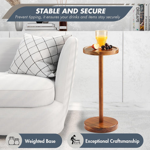 Pedestal Side Table, Acacia Drink Table with Weighted Base, Small Round Side Table for Small Spaces with Phone Holder