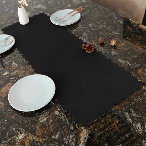 36 Inches 13x36 Inchs Small Solid Black Farmhouse Scalloped Table Runner Washable Polyester Cute Everyday Decorative