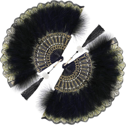 2 Pieces Feather Hand Fan Embroidered Flower Marabou 1920s for Costume Party Dancing Photoshoot Wedding Decor