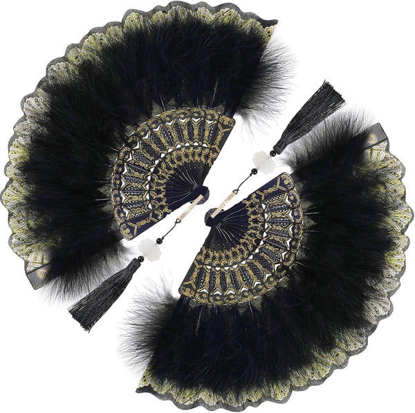 2 Pieces Feather Hand Fan Embroidered Flower Marabou 1920s for Costume Party Dancing Photoshoot Wedding Decor