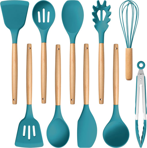 E-far Blue Silicone Cooking Utensils Set, 10-Piece Kitchen Tools with Wooden Handle for Nonstick Cookware, Heat