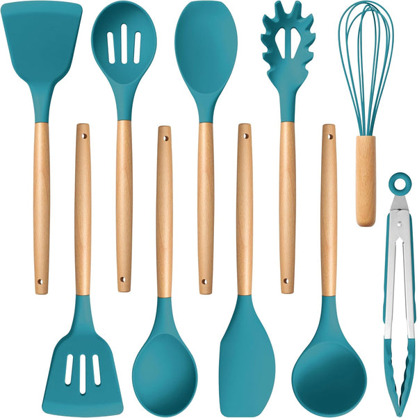 E-far Blue Silicone Cooking Utensils Set, 10-Piece Kitchen Tools with Wooden Handle for Nonstick Cookware, Heat