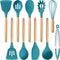 E-far Blue Silicone Cooking Utensils Set, 10-Piece Kitchen Tools with Wooden Handle for Nonstick Cookware, Heat