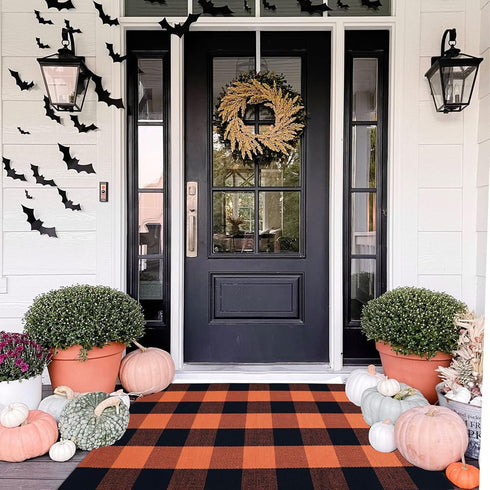Cotton Orange and Black Plaid Rug - 27.5''x43'' Hand-Woven Washable Decorative Mat for Fall Outdoor Entryway