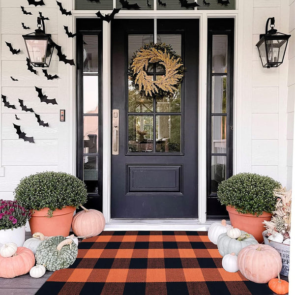 Cotton Orange and Black Plaid Rug - 27.5''x43'' Hand-Woven Washable Decorative Mat for Fall Outdoor Entryway