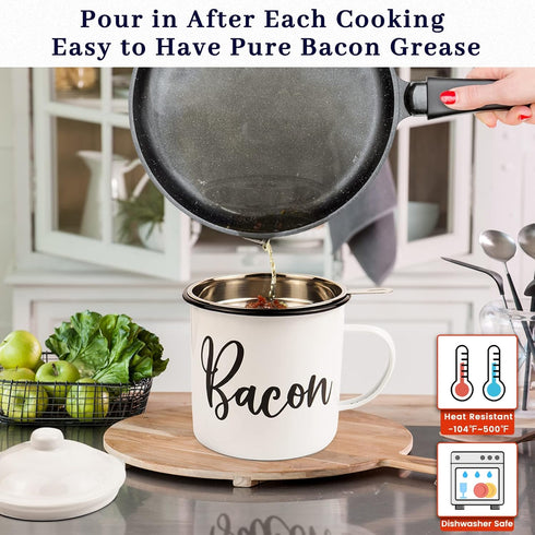 46oz Bacon Grease Container with Strainer - With Food-Grade Silicone Spatula , Large Enamel Rustic Farmhouse Fat