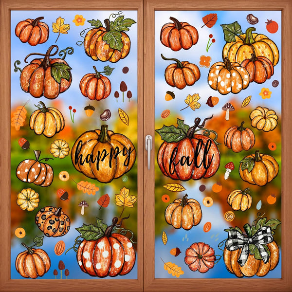 YUJUN 6 Sheets Thanksgiving Fall Window Clings, Pumpkin Maple Leaves Oil Painting Decals for Autumn Home Decor and
