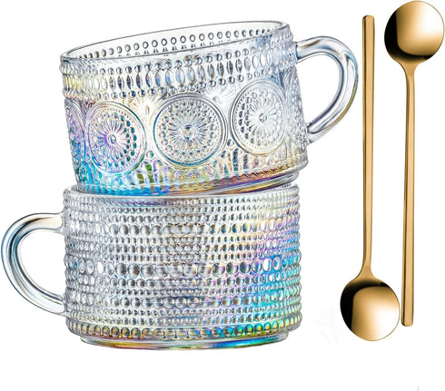 Gezzeny Vintage Glass Coffee Mugs 14 Oz Set of 2 Iridescent Embossed, Tea
