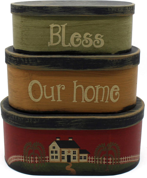 CVHOMEDECO. Primitives Rustic Oval Bless Our home Cardboard Nesting Boxes, Large 9-3/4