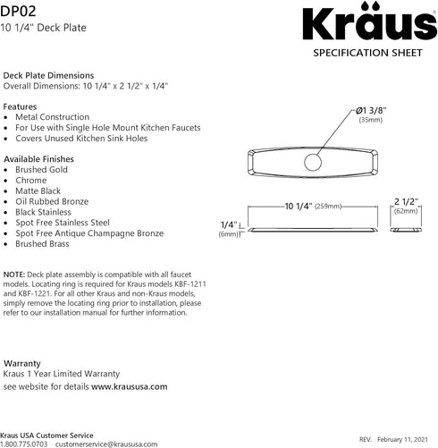 KRAUS Deck Plate for Kitchen Faucet - Spot Free Stainless Steel, DP02SFS