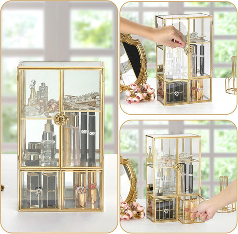 ELLDOO Clear Glass Storage Box with 2 Drawers, Gold Mirrored Jewelry Makeup Display Organizer Case