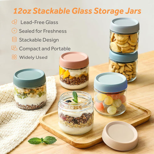 MOLADRI 4 Pack 12oz Glass Clear Storage Canister with Airtight Lid, Overnight Oats Containers, Small Cute Decorative