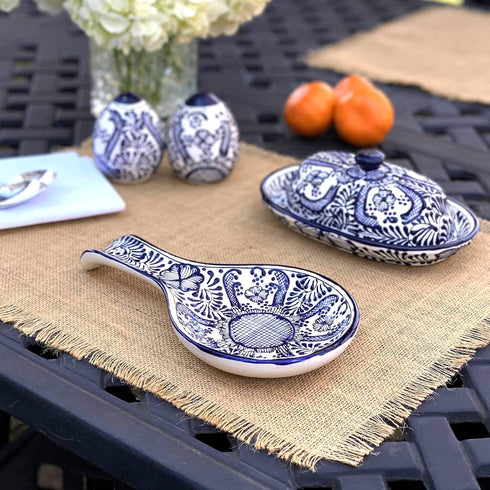 Encantada Handmade Hand-Painted Authentic Mexican Pottery, Salt and Pepper Shaker Set, Blue Flower (MC085F-K2)