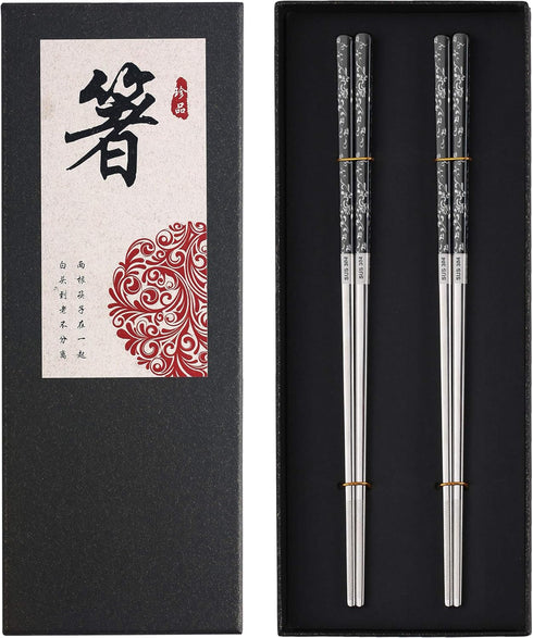 Stainless Steel Chopsticks - Titanium Plated Reusable Metal Chopsticks, Dishwasher Safe, 2 Pairs Gift Set Black Silver