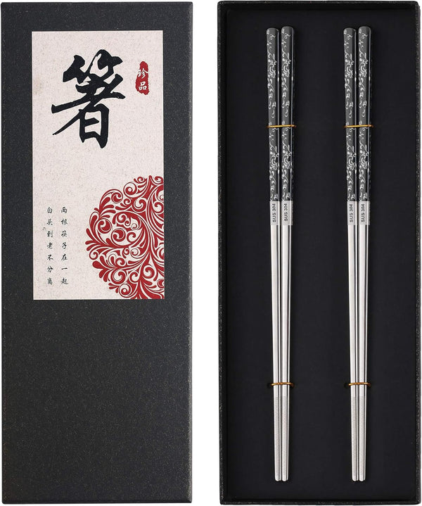 Stainless Steel Chopsticks - Titanium Plated Reusable Metal Chopsticks, Dishwasher Safe, 2 Pairs Gift Set Black Silver
