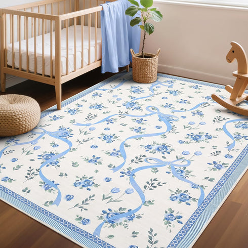 3x5 GarveeHome Floral Bow Rugs for Bedroom Girls, Rug for Living Room with Soft Low Pile, Blue and White Washable Area