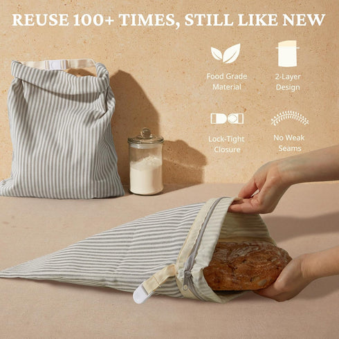 2-Pack 17x12.6in, BRONYPRO Reusable Beeswax and Linen Bread Bags with Zipper, Waxed Bread Bags for Homemade Bread