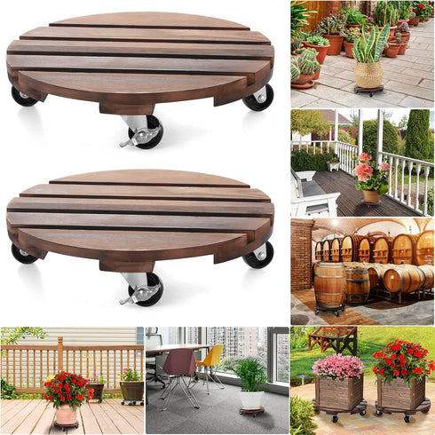 2pack 12" Plant Caddy Plant Stand with Wheels Rolling Plant Stand Heavy Duty Wooden Round Plant Dolly Rollers