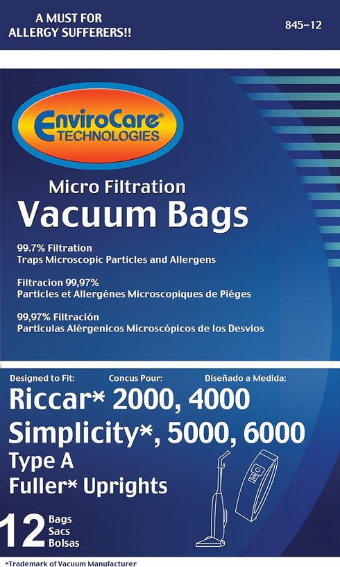 EnviroCare Replacement Micro Filtration Vacuum Cleaner Dust Bags, 12 pack for Riccar and Simplicity