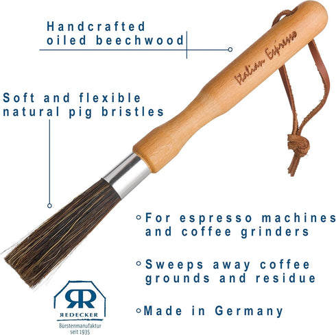 Redecker Natural Pig Bristle Espresso Maker Brush, 8 inches, Oiled Beechwood Handle