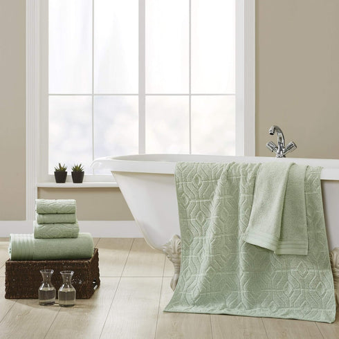 6-Piece 100% Set Modern Threads Combed Cotton Yarn Dyed Diamond Gate Jacquard Towel Seafoam