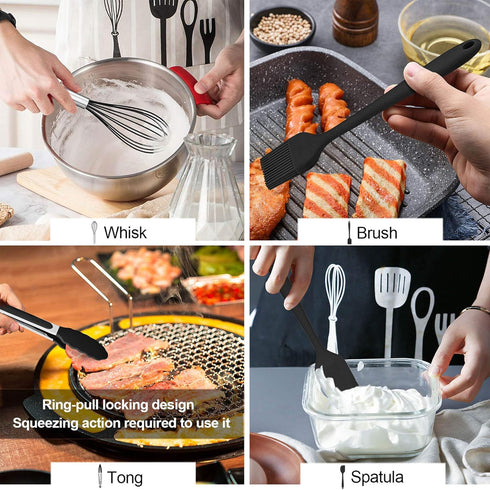 LIANYU 12-Piece Black Silicone Kitchen Cooking Utensils Set with Holder, Includes Slotted Spatula, Spoon Turner, Ladle,
