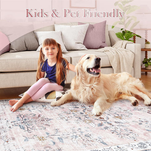 5x7 LIVEBOX Machine Washable Rug, Pink Rugs for Bedroom Girls, Soft Boho Floral Nursery Rug, Non-Slip Indoor Ultra-Thin