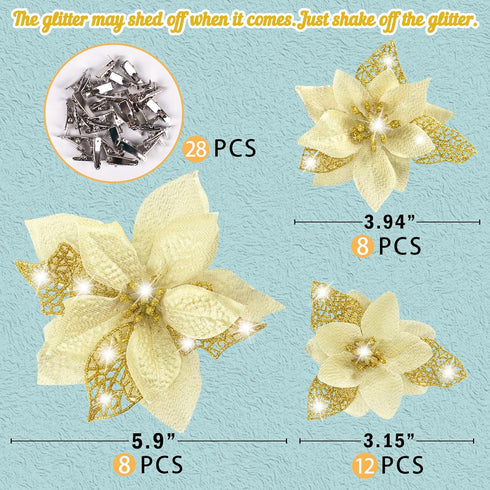 Geefuun 28PCS Christmas Tree Decorations: Gold Glitter Poinsettias Artificial Flowers Ornaments with Clips