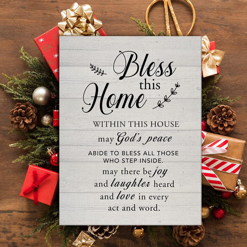 New Home Religious Wall Art, Bless This Home Canvas Print with Inspirational Quote for Rustic Decor