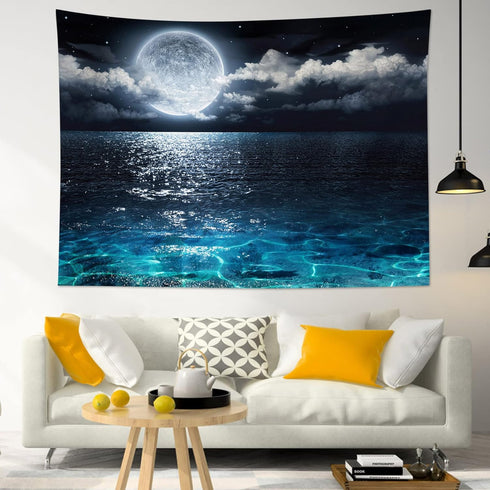 LB Moon Over Ocean Tapestry, Night Sky Wall Hanging, 3D Fantasy Psychedelic Watercolor Art for Bedroom Living Room, 60