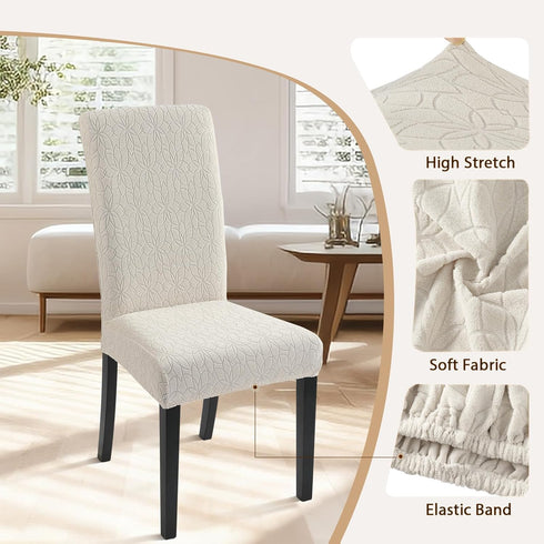 SearchI Jacquard Dining Room Chair Covers, Set of 6, Washable Parsons Chair Slipcover, Beige Floral