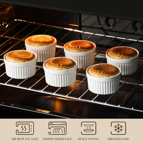 MALACASA Ramekins, 4 oz Oven Safe Porcelain Creme Brulee Cups, Set of 6 White Baking Bowls