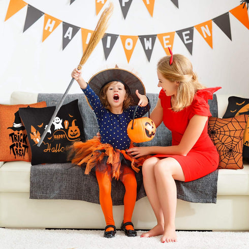 Whaline 4 Pieces Halloween Pillow Case - Orange and Black Linen Cover, Happy Halloween Decoration (18" x 18")