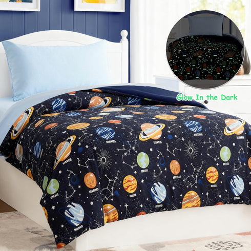 Set 4 Set Toddler Bedding - Pieces Toddler Comforter for Kids Boys, Glow in The Dark Space Bed in A Bag with Sheets