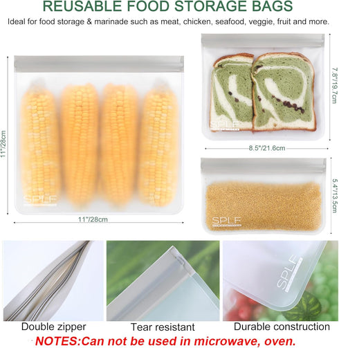 SPLF 12 Pack Dishwasher Safe Reusable Storage Bags, Extra Thick Freezer Bags, Leakproof Silicone and Plastic Free