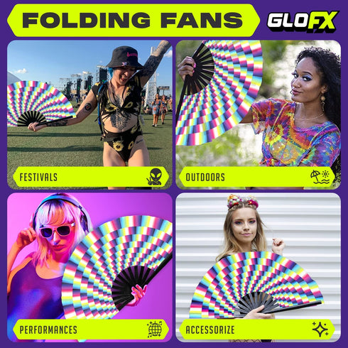 GloFX Folding Fan - Large Trippy Rave Clack Hand Fan for Men/Women for Events, Parties, Dance, Gift