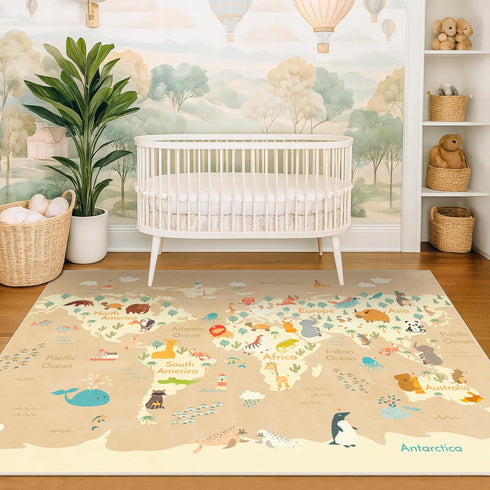 4x6 Kids Bedroom Rug with World Map & Animals Educational Washable Play Mat for Playroom, Cute Global Animal, Featuring