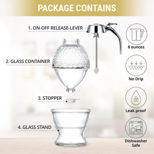 Glass Honey Dispenser Jar with Sleek Silver Lid, Premium Stainless Steel Design